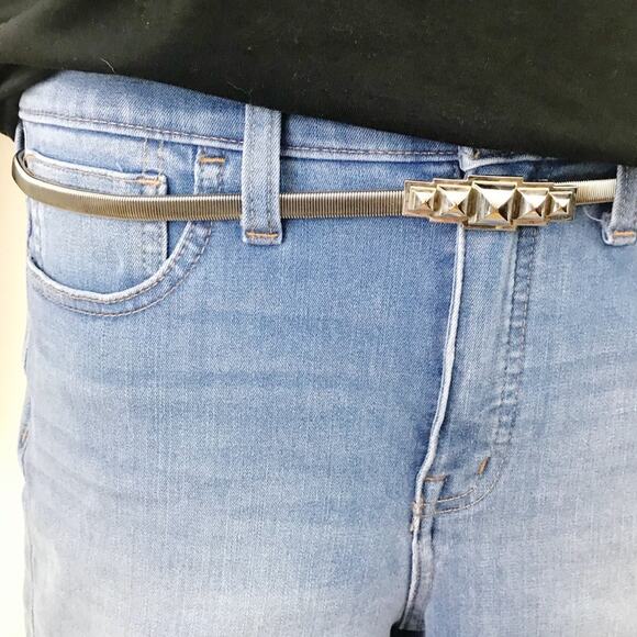 Silver Stretchy Serpentine Stretch Skinny Cinch Disco southwestern Art Deco Belt - Picture 5 of 6